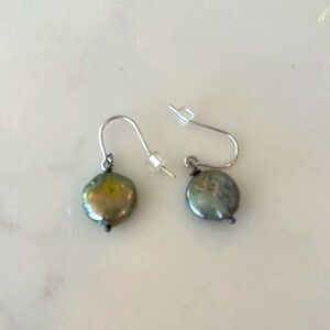 Olive green coin pearl earrings